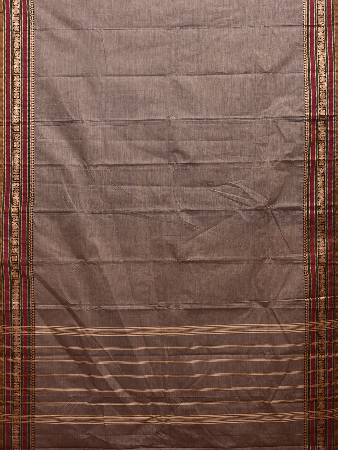 Grey Kanchipuram 80s Cotton Plain Saree with Peacock-Rudraksh Border Design No Blouse k0642