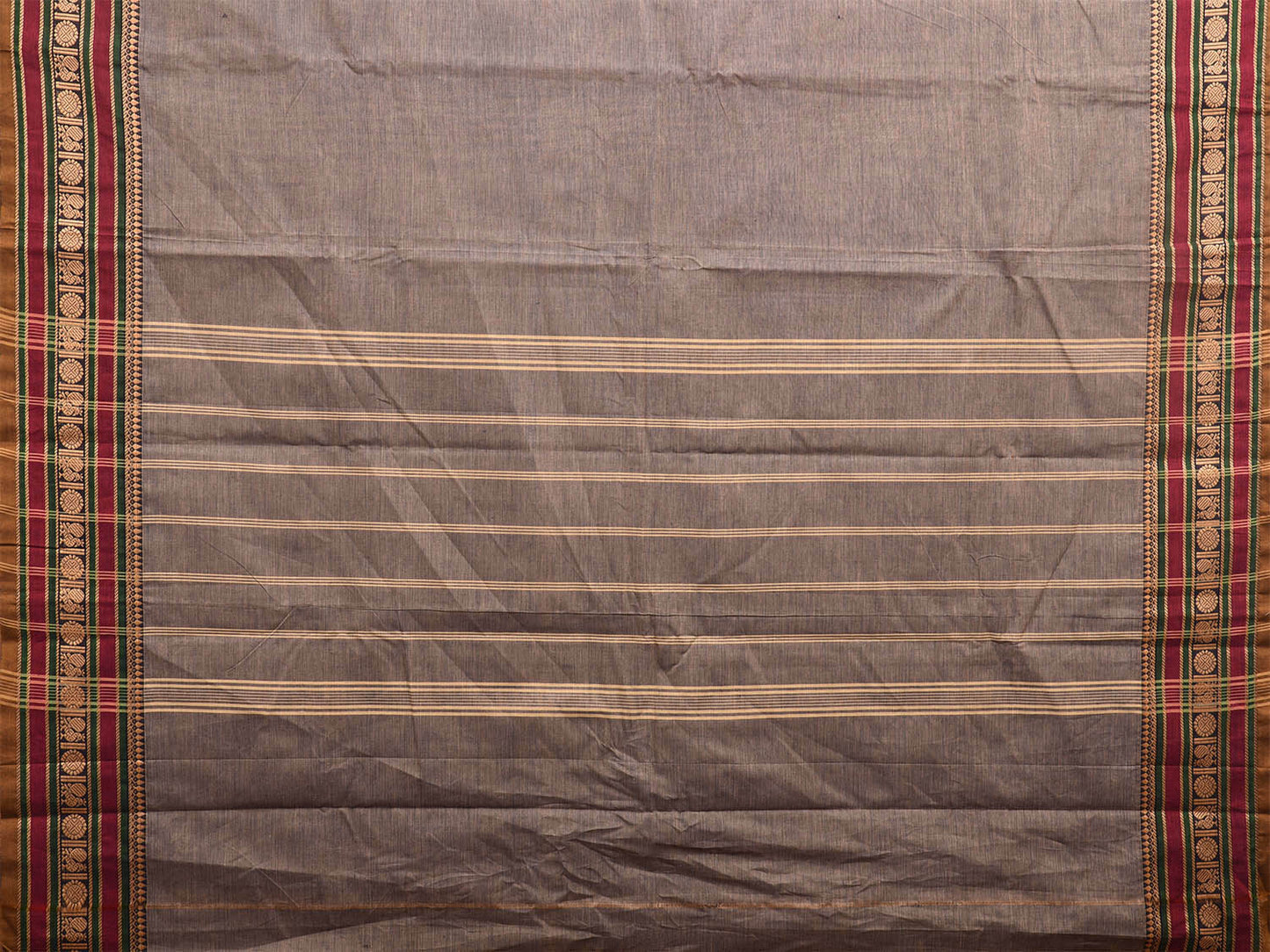 Grey Kanchipuram 80s Cotton Plain Saree with Peacock-Rudraksh Border Design No Blouse k0642