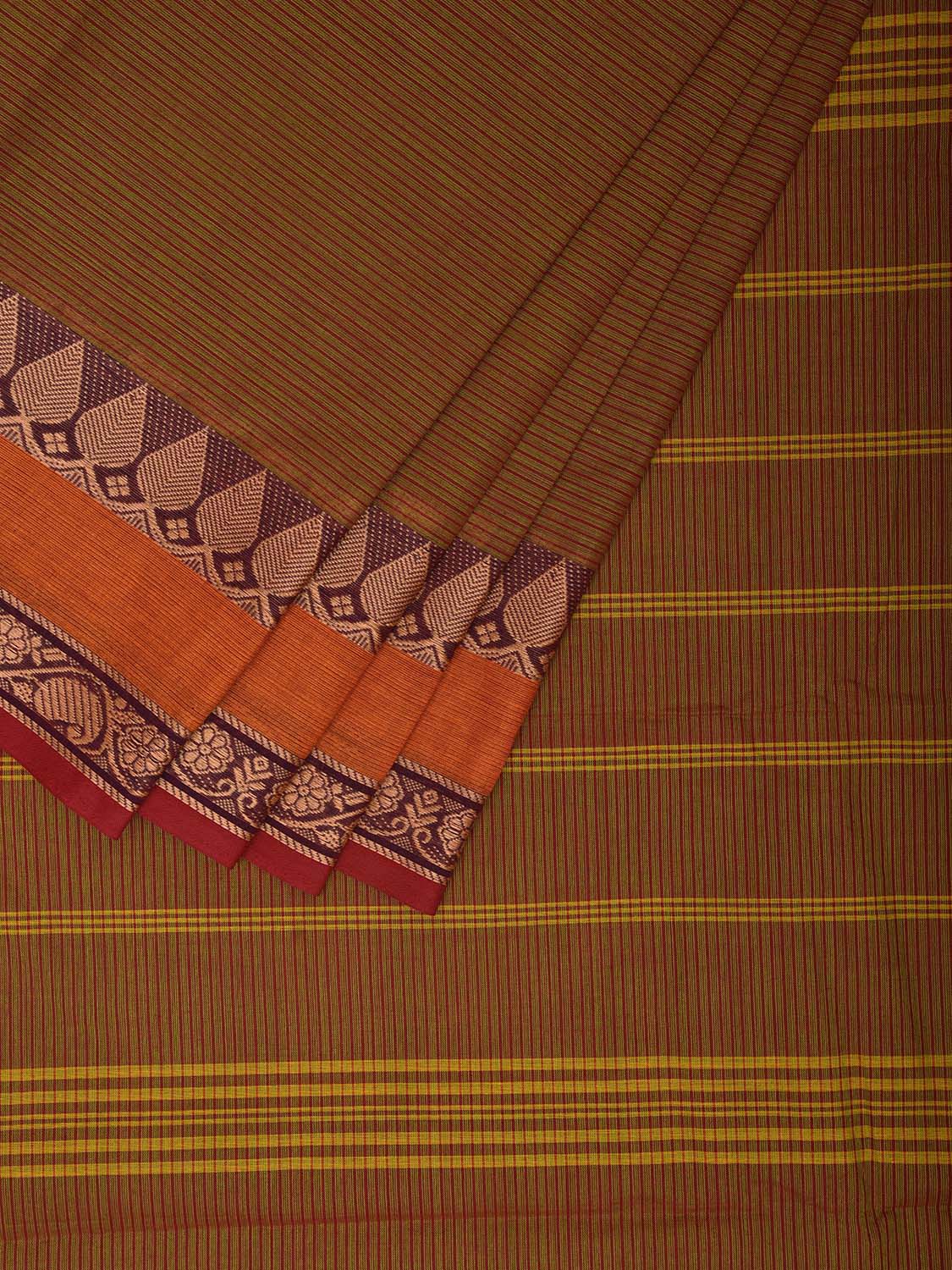 Olive and Orange Kanchipuram 80s Cotton Saree with Strips and Border Design No Blouse k0643