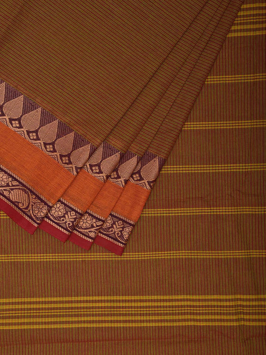 Olive and Orange Kanchipuram 80s Cotton Saree with Strips and Border Design No Blouse k0643