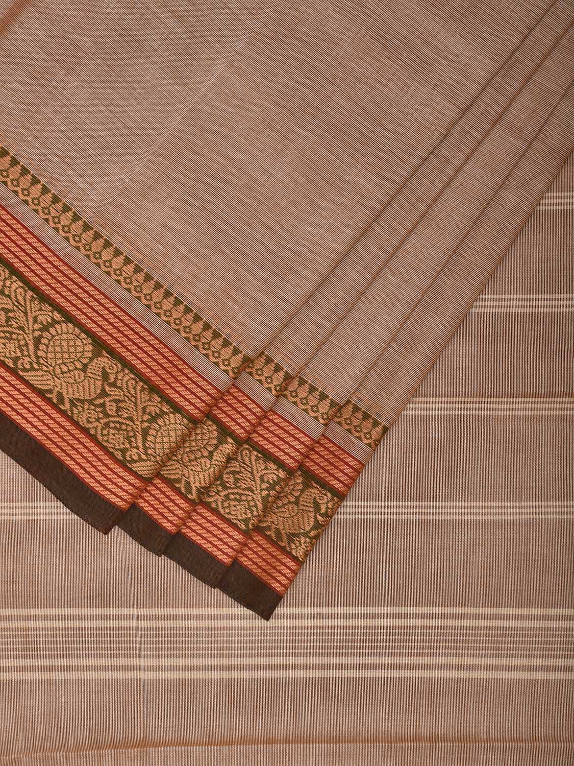Cream Kanchipuram 80s Cotton Plain Saree with Peacock Border Design No Blouse k0644
