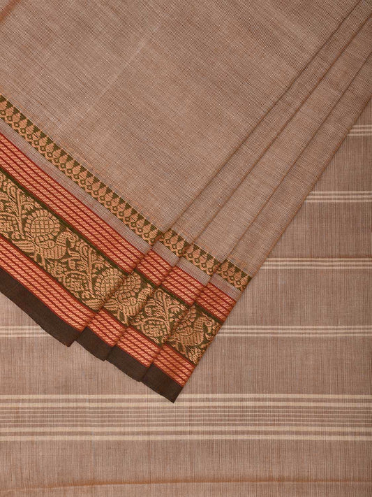 Cream Kanchipuram 80s Cotton Plain Saree with Peacock Border Design No Blouse k0644