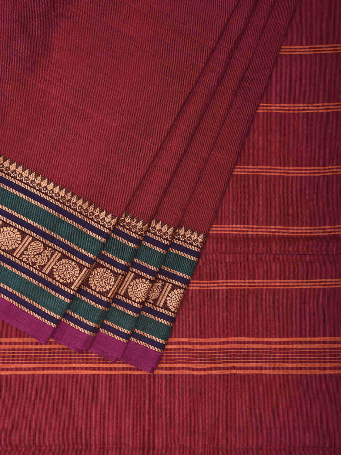 Magenta Kanchipuram 80s Cotton Plain Saree with Peacock-Rudraksh Border Design No Blouse k0645