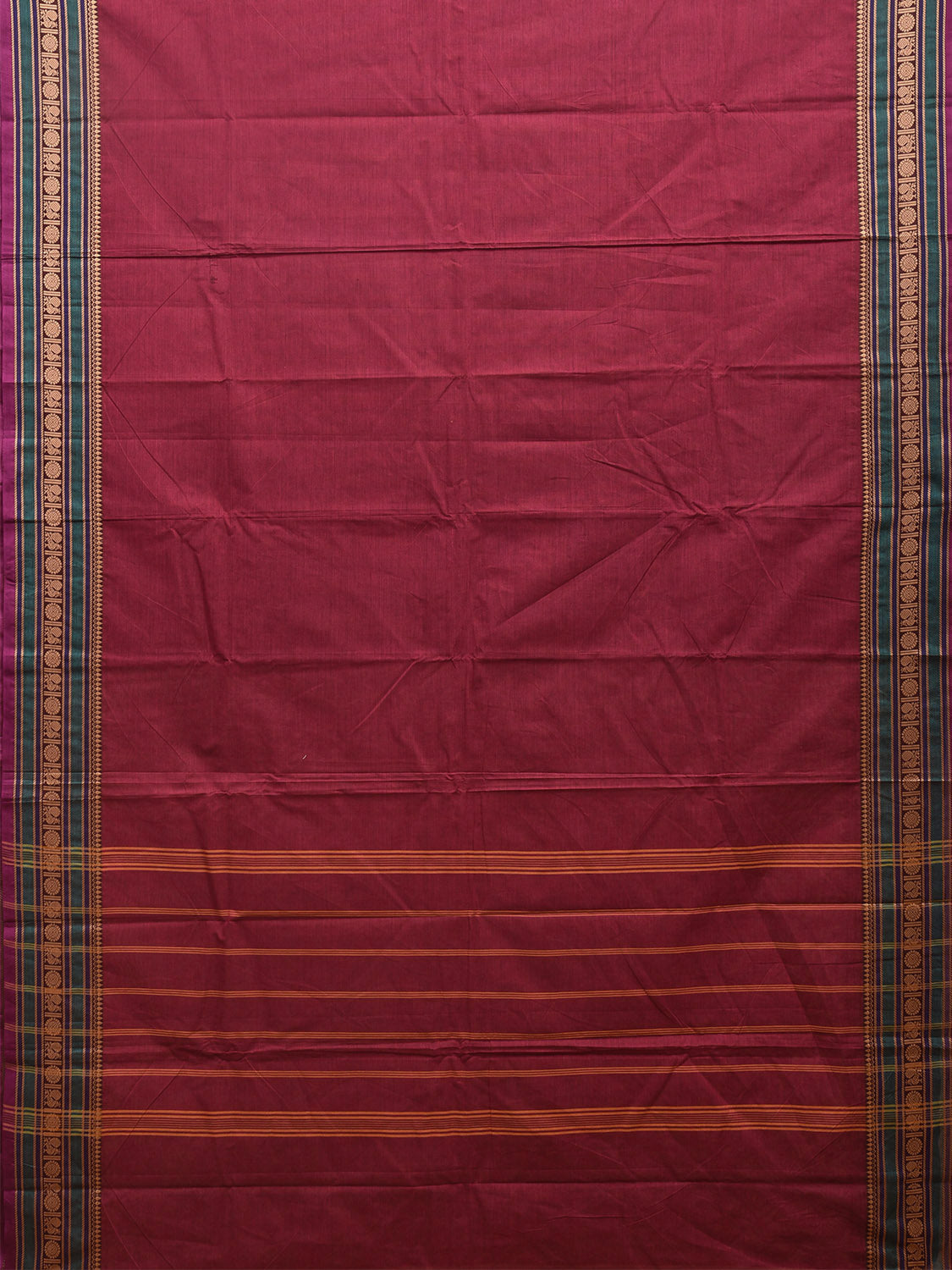 Magenta Kanchipuram 80s Cotton Plain Saree with Peacock-Rudraksh Border Design No Blouse k0645