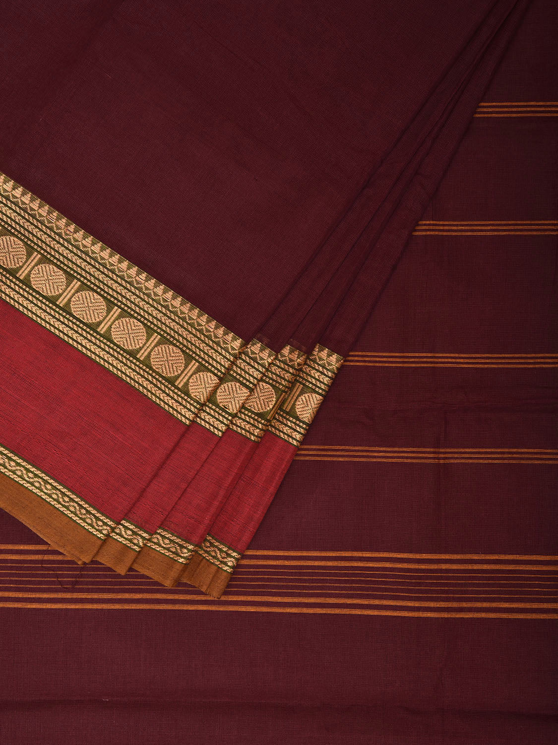 Brown and Red Kanchipuram 80s Cotton Plain Saree with Rudraksh Border Design No Blouse k0646