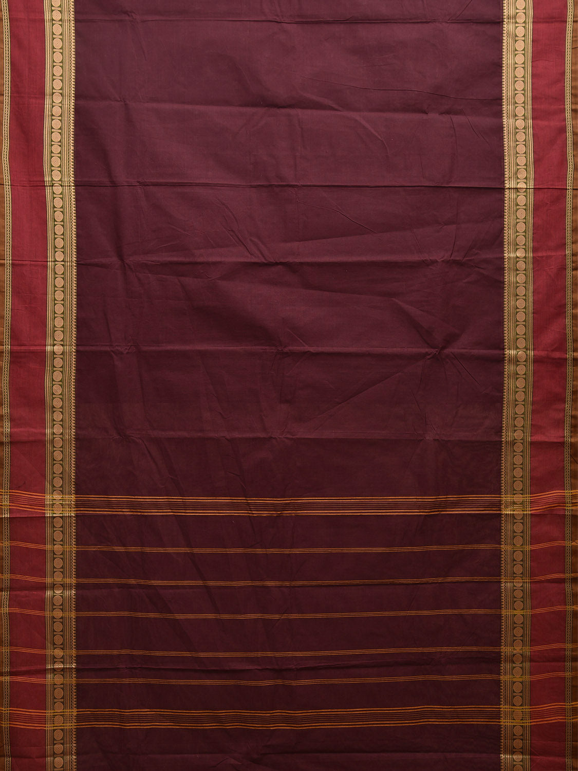 Brown and Red Kanchipuram 80s Cotton Plain Saree with Rudraksh Border Design No Blouse k0646