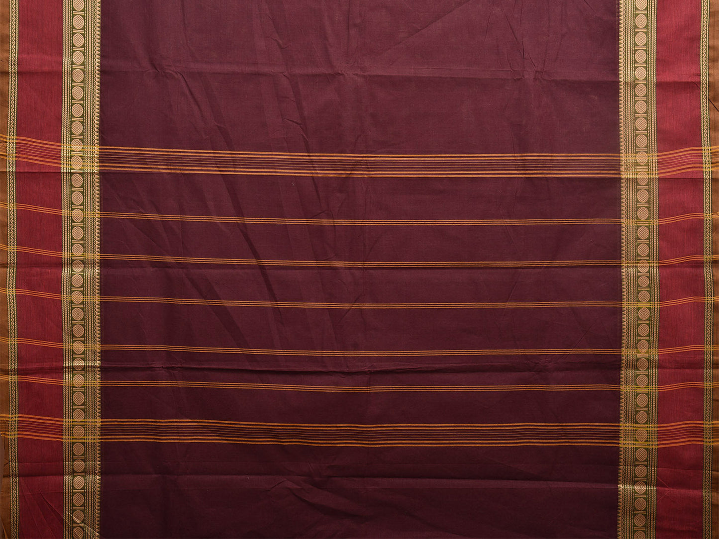 Brown and Red Kanchipuram 80s Cotton Plain Saree with Rudraksh Border Design No Blouse k0646