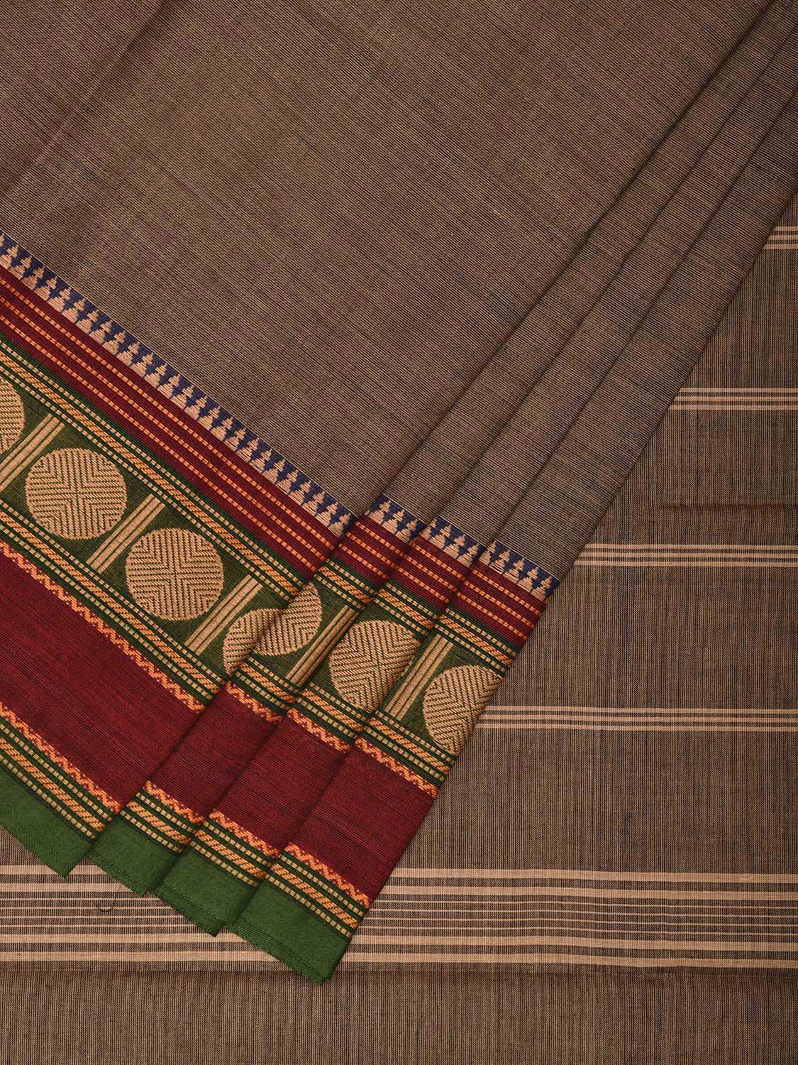 Khaki Kanchipuram 80s Cotton Plain Saree with Rudraksh Border Design No Blouse k0647
