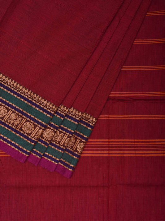 Wine Kanchipuram 80s Cotton Plain Saree with Peacock-Rudraksh Border Design No Blouse k0648