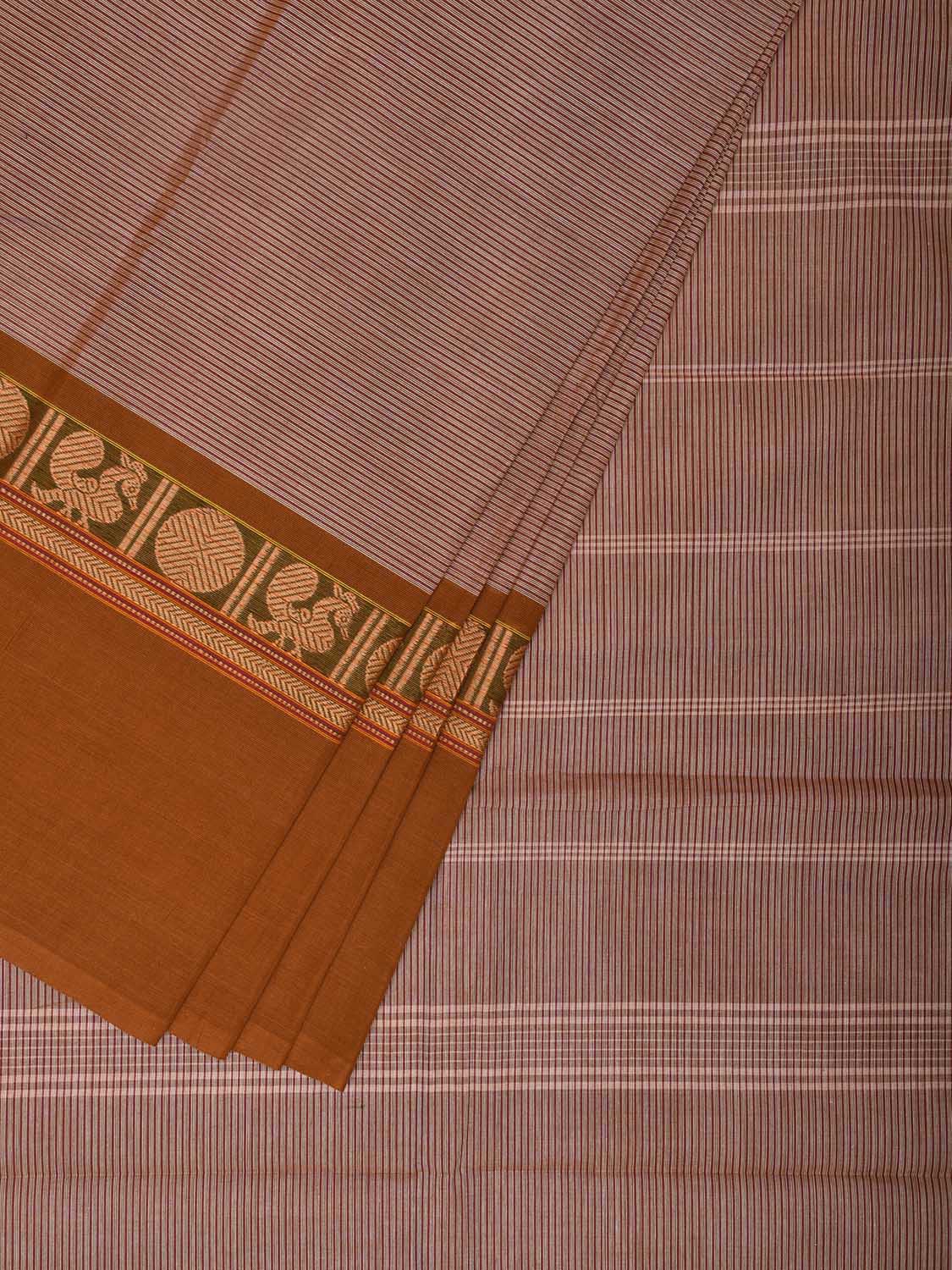 Cream and Mustard Kanchipuram 80s Cotton Plain Saree with Peacock-Rudraksh Border Design No Blouse k0649