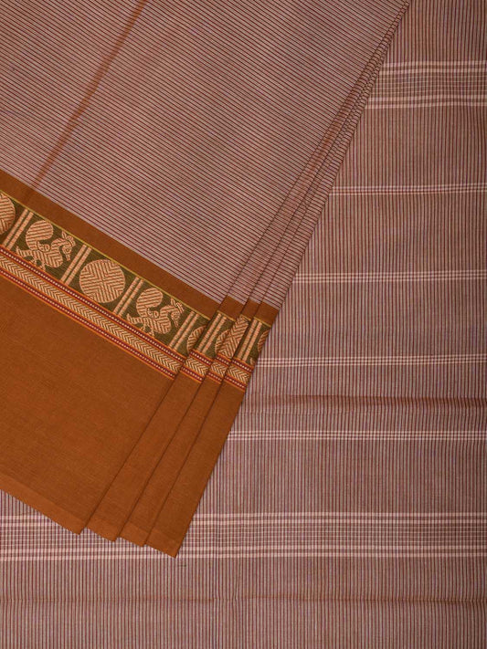 Cream and Mustard Kanchipuram 80s Cotton Plain Saree with Peacock-Rudraksh Border Design No Blouse k0649
