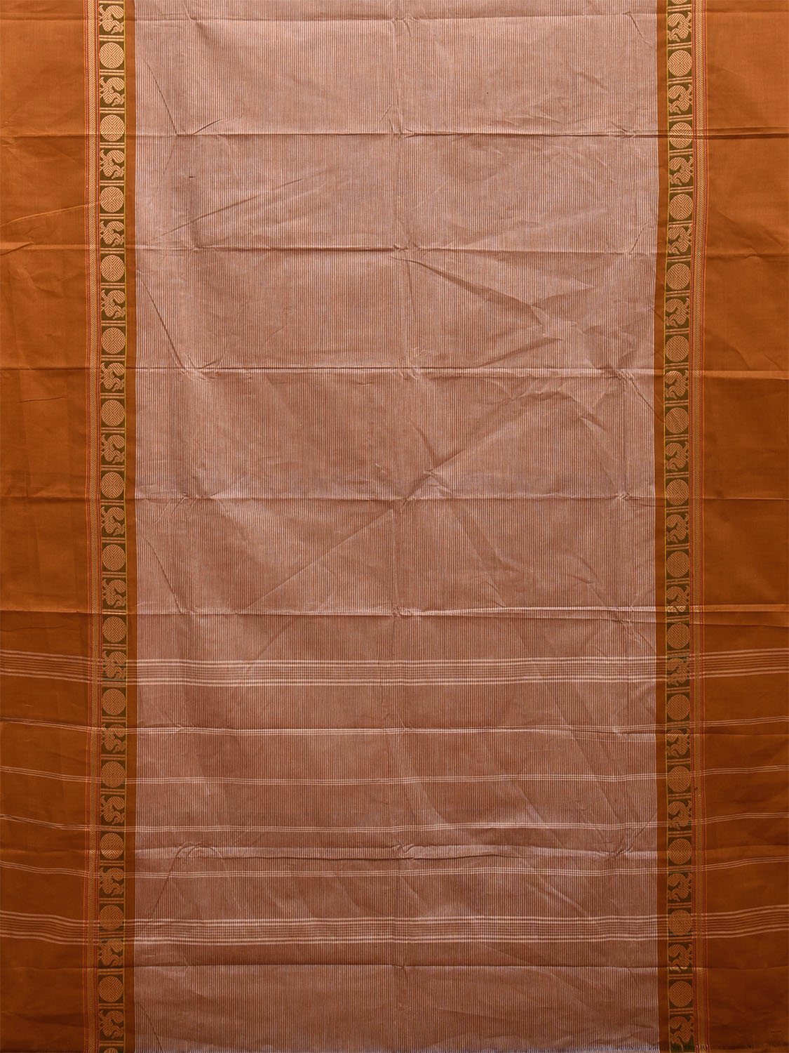 Cream and Mustard Kanchipuram 80s Cotton Plain Saree with Peacock-Rudraksh Border Design No Blouse k0649