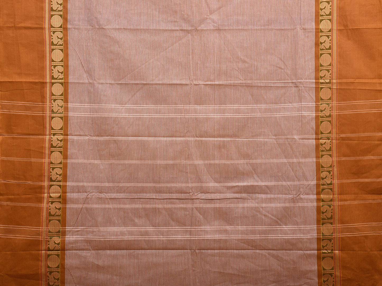 Cream and Mustard Kanchipuram 80s Cotton Plain Saree with Peacock-Rudraksh Border Design No Blouse k0649