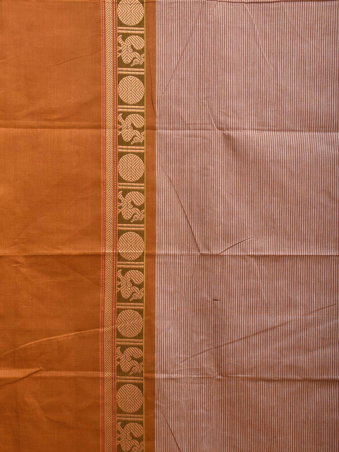 Cream and Mustard Kanchipuram 80s Cotton Plain Saree with Peacock-Rudraksh Border Design No Blouse k0649