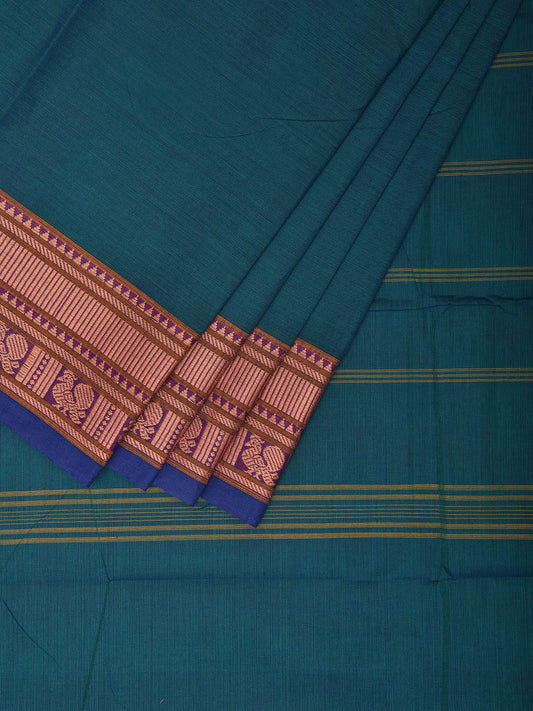 Teal Kanchipuram 80s Cotton Plain Saree with Peacock Border Design No Blouse k0650