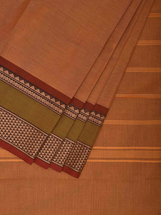 Mustard Kanchipuram 80s Cotton Plain Saree with Strips Pallu and Border Design No Blouse k0651