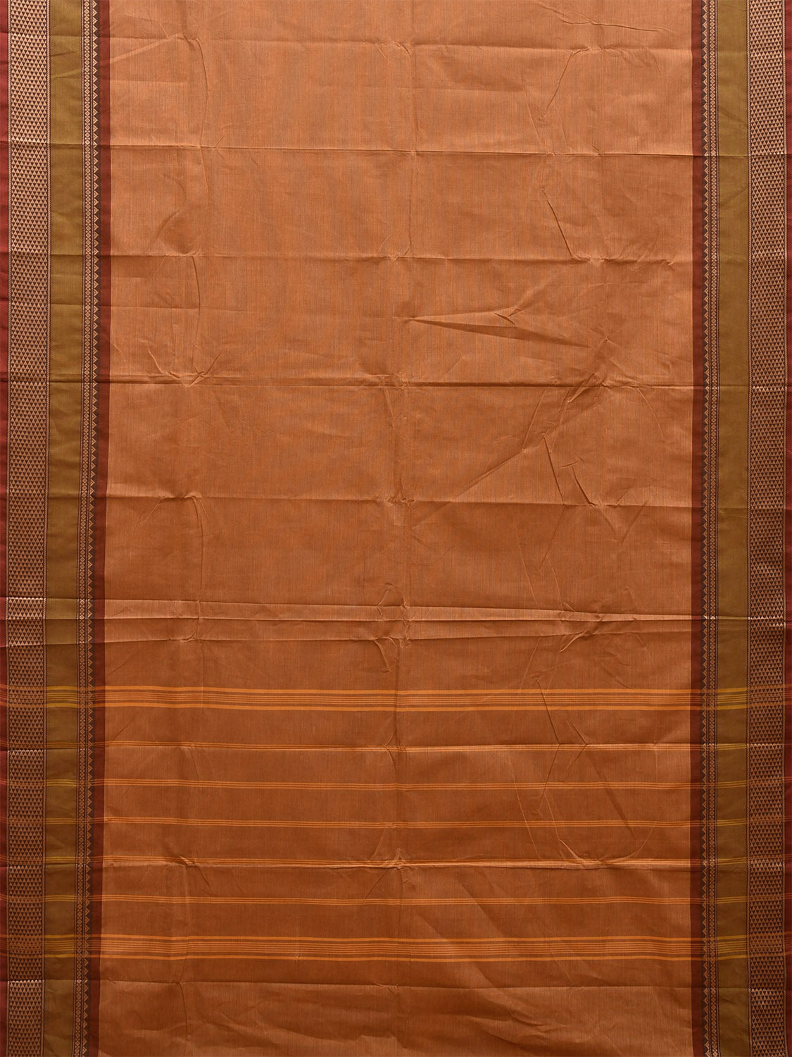 Mustard Kanchipuram 80s Cotton Plain Saree with Strips Pallu and Border Design No Blouse k0651