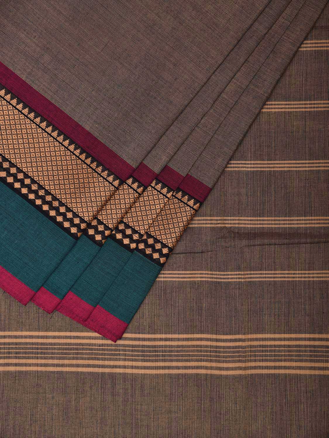 Khaki Kanchipuram 80s Cotton Plain Saree with Strips Pallu and Border Design No Blouse k0652