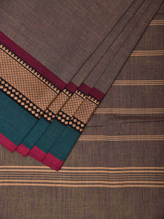 Khaki Kanchipuram 80s Cotton Plain Saree with Strips Pallu and Border Design No Blouse k0652
