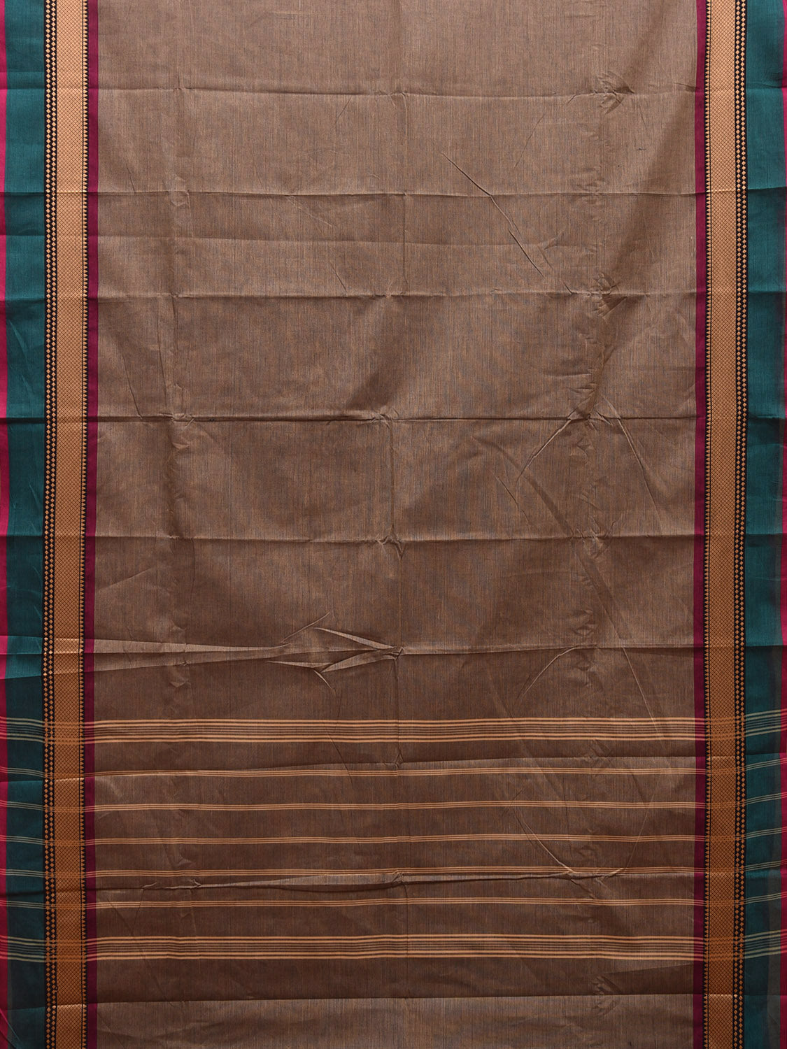 Khaki Kanchipuram 80s Cotton Plain Saree with Strips Pallu and Border Design No Blouse k0652