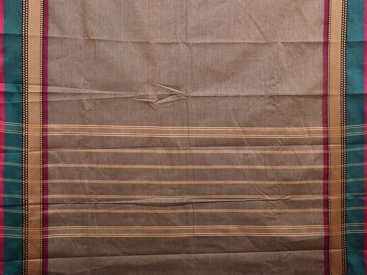 Khaki Kanchipuram 80s Cotton Plain Saree with Strips Pallu and Border Design No Blouse k0652
