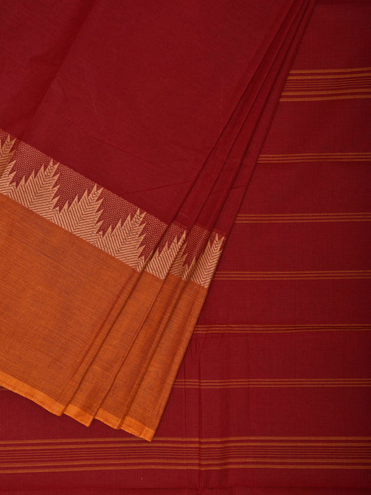 Dark Red Kanchipuram 80s Cotton Plain Saree with Ganga-Jamuna Temple Border Design No Blouse k0654