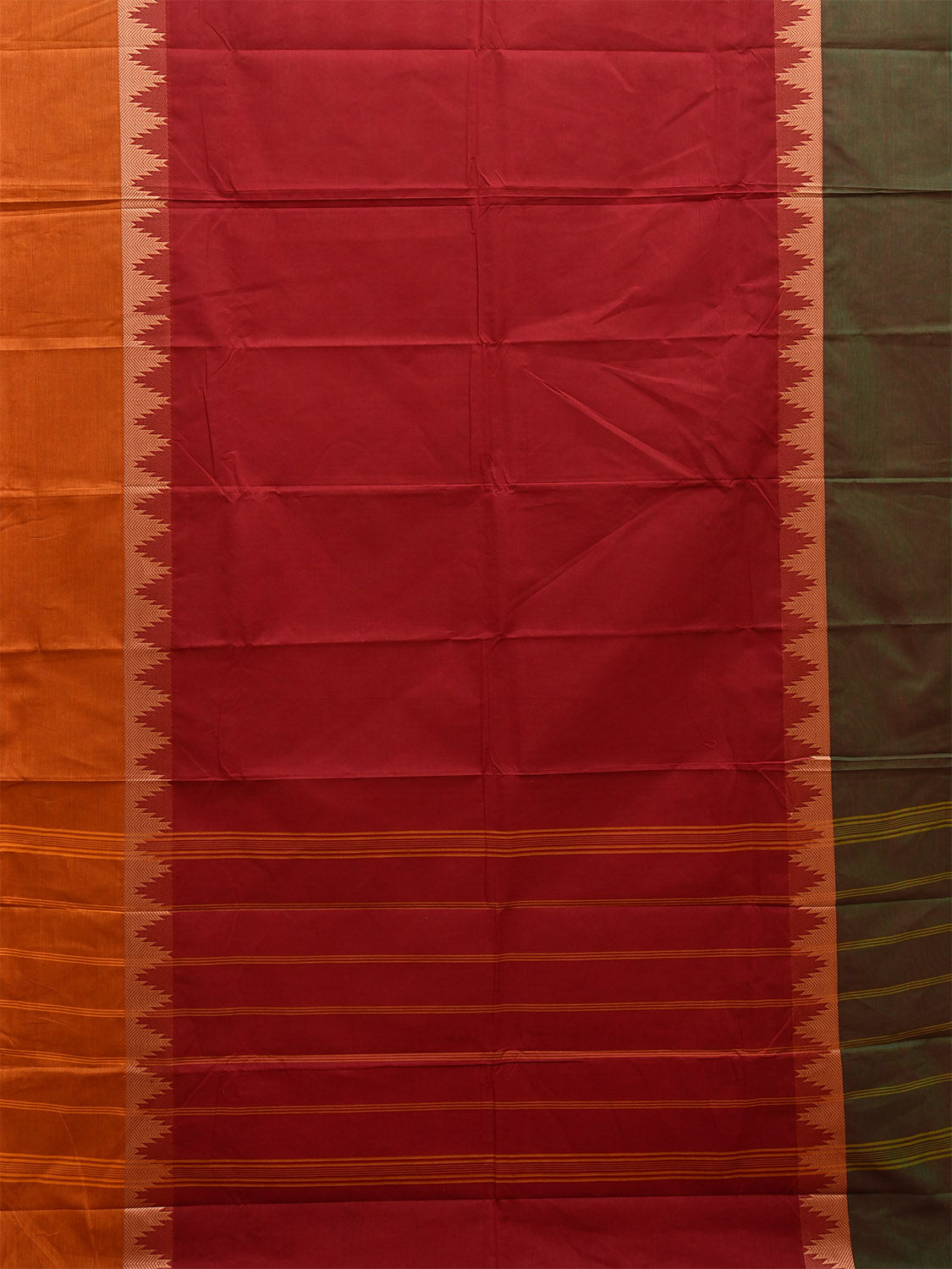 Dark Red Kanchipuram 80s Cotton Plain Saree with Ganga-Jamuna Temple Border Design No Blouse k0654