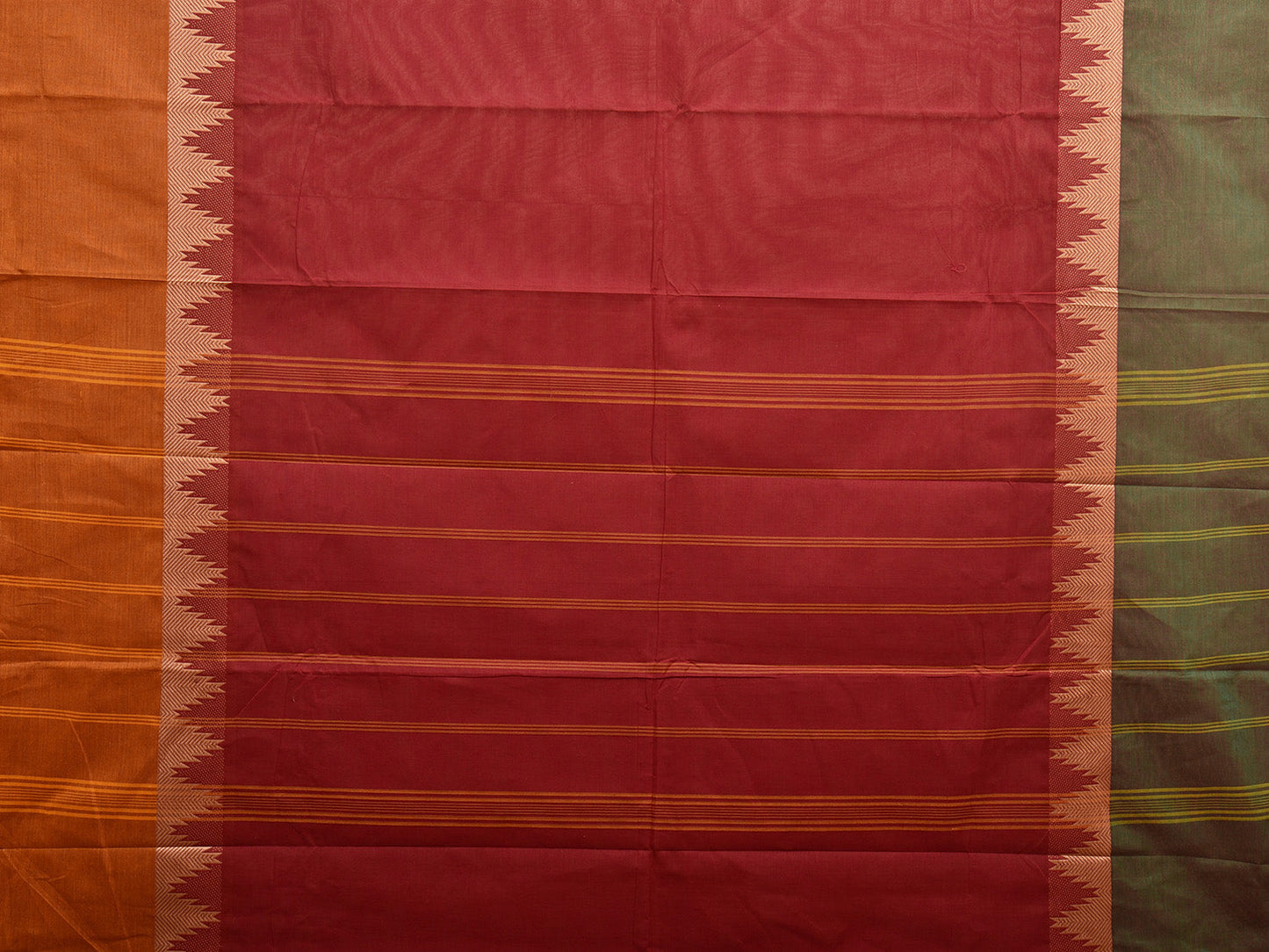 Dark Red Kanchipuram 80s Cotton Plain Saree with Ganga-Jamuna Temple Border Design No Blouse k0654
