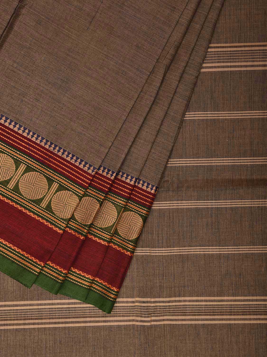 Khaki Kanchipuram 80s Cotton Plain Saree with Rudraksh Border Design No Blouse k0655