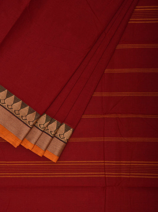 Dark Red Kanchipuram 80s Cotton Plain Saree with Strips Pallu and Border Design No Blouse k0656