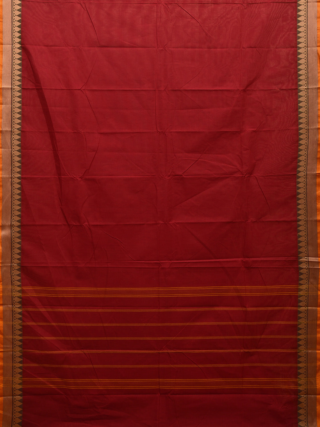 Dark Red Kanchipuram 80s Cotton Plain Saree with Strips Pallu and Border Design No Blouse k0656