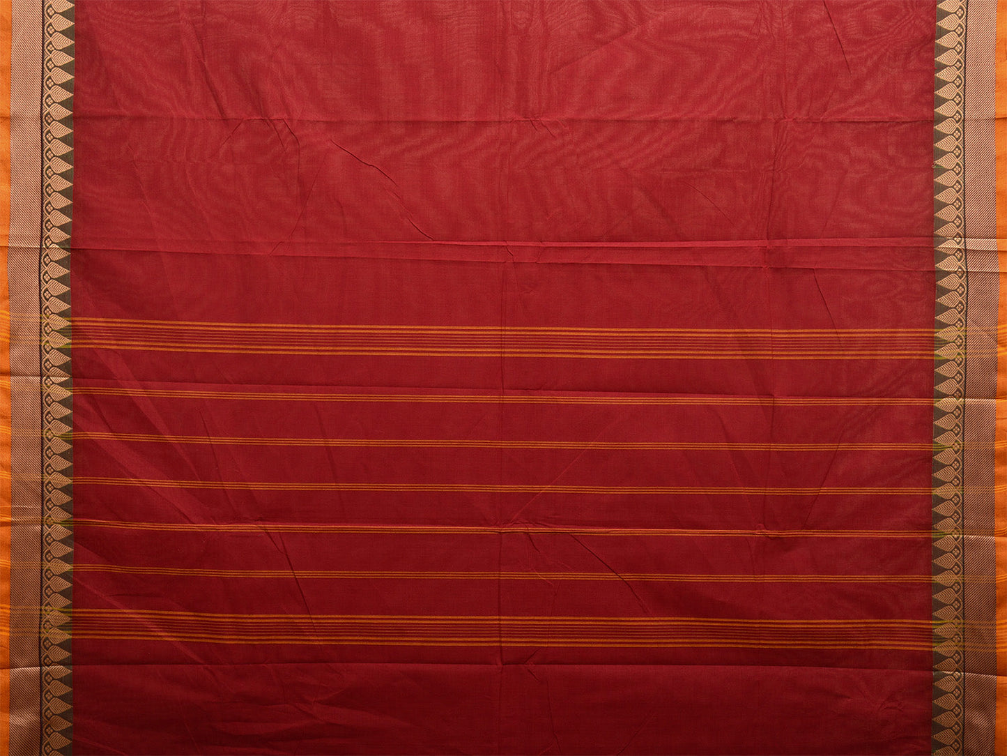 Dark Red Kanchipuram 80s Cotton Plain Saree with Strips Pallu and Border Design No Blouse k0656