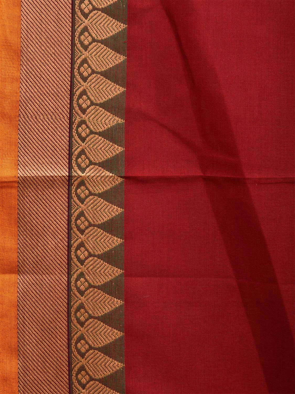 Dark Red Kanchipuram 80s Cotton Plain Saree with Strips Pallu and Border Design No Blouse k0656