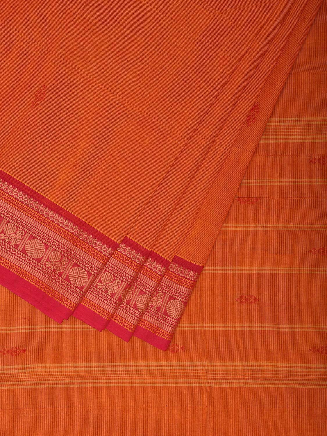 Orange and Pink Kanchipuram 80s Cotton Saree with Buta and Strips Pallu Design No Blouse k0657