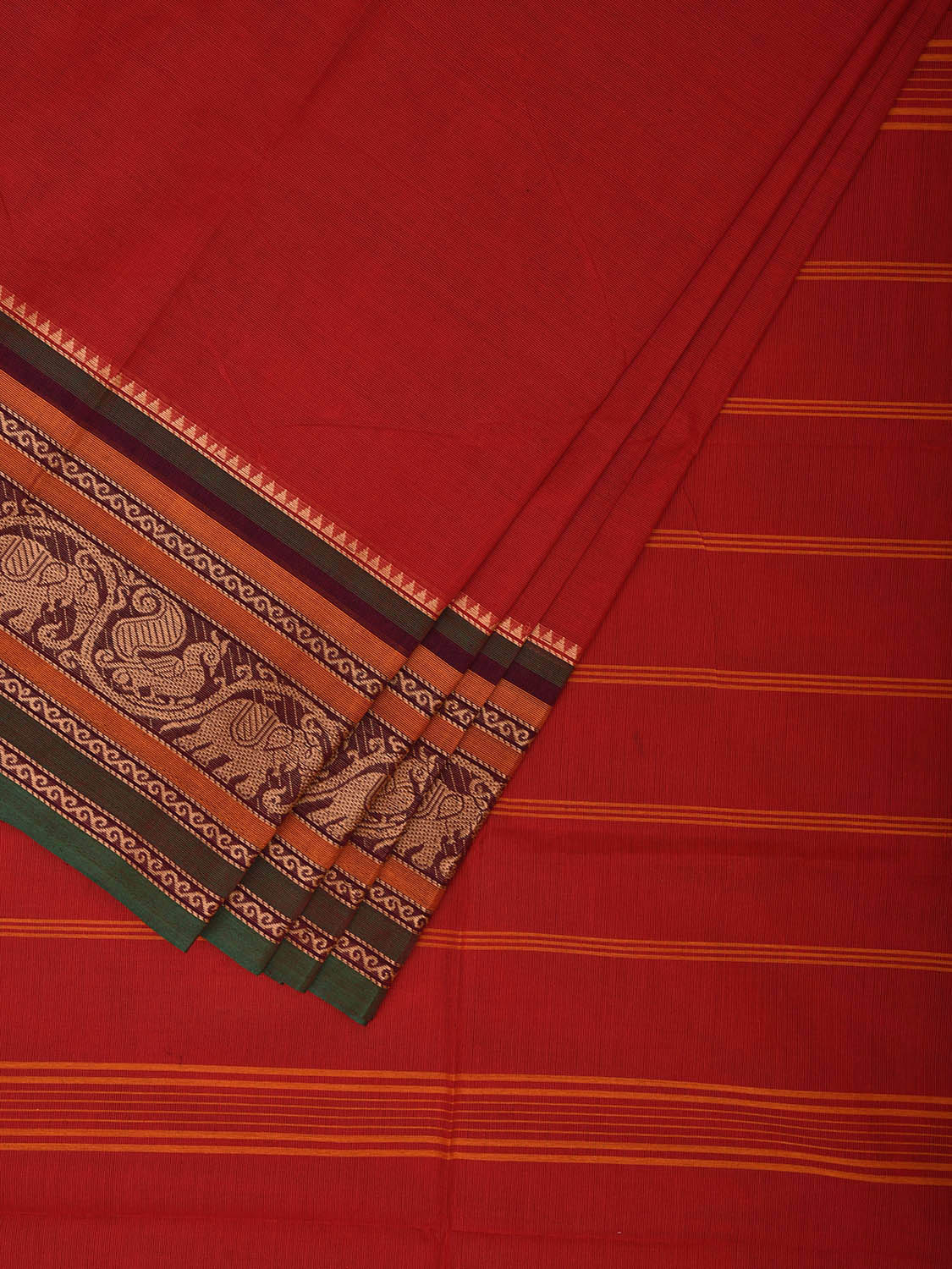 Red Kanchipuram 80s Cotton Plain Saree with Peacock-Elephant Border Design No Blouse k0658