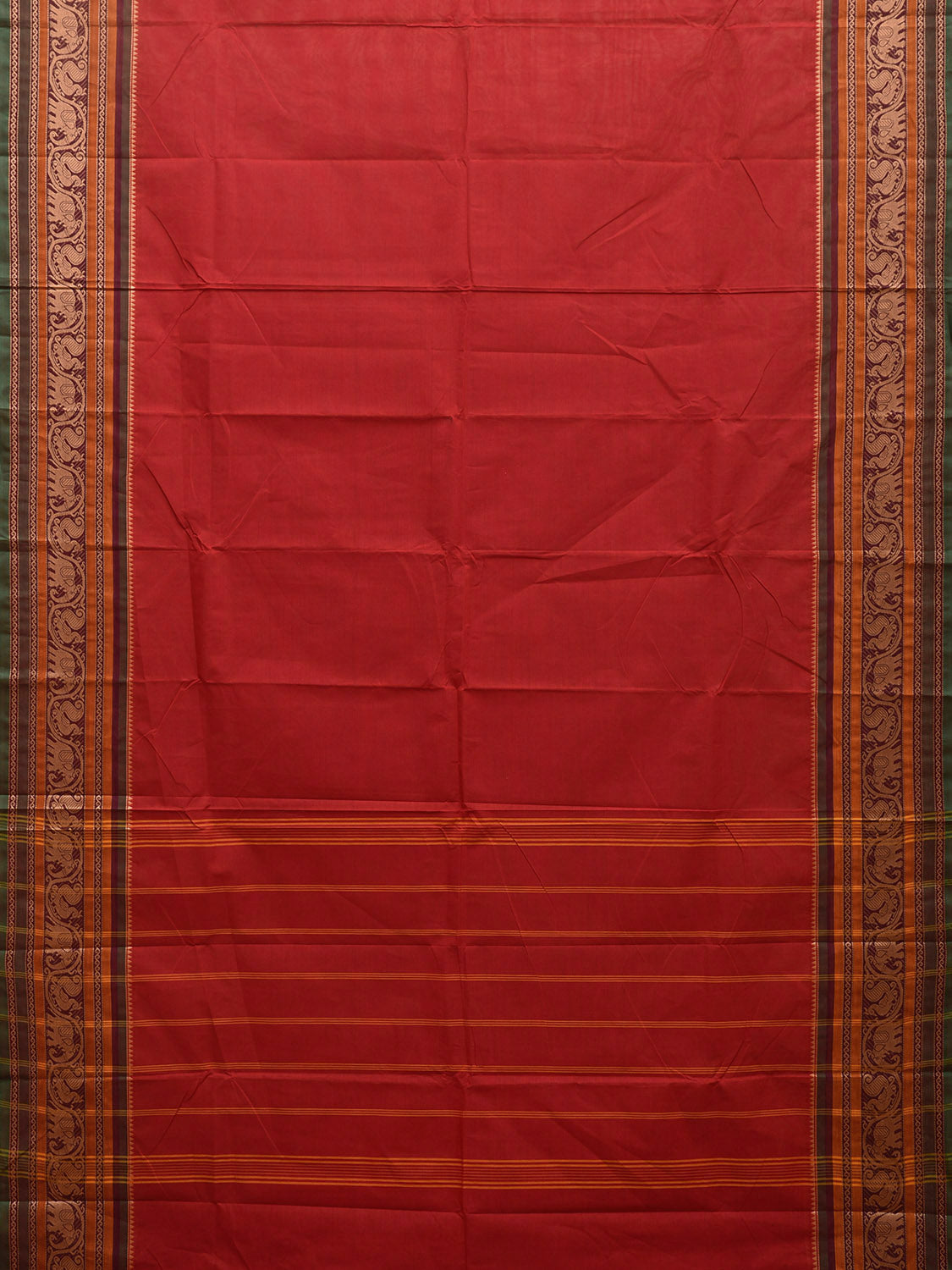 Red Kanchipuram 80s Cotton Plain Saree with Peacock-Elephant Border Design No Blouse k0658