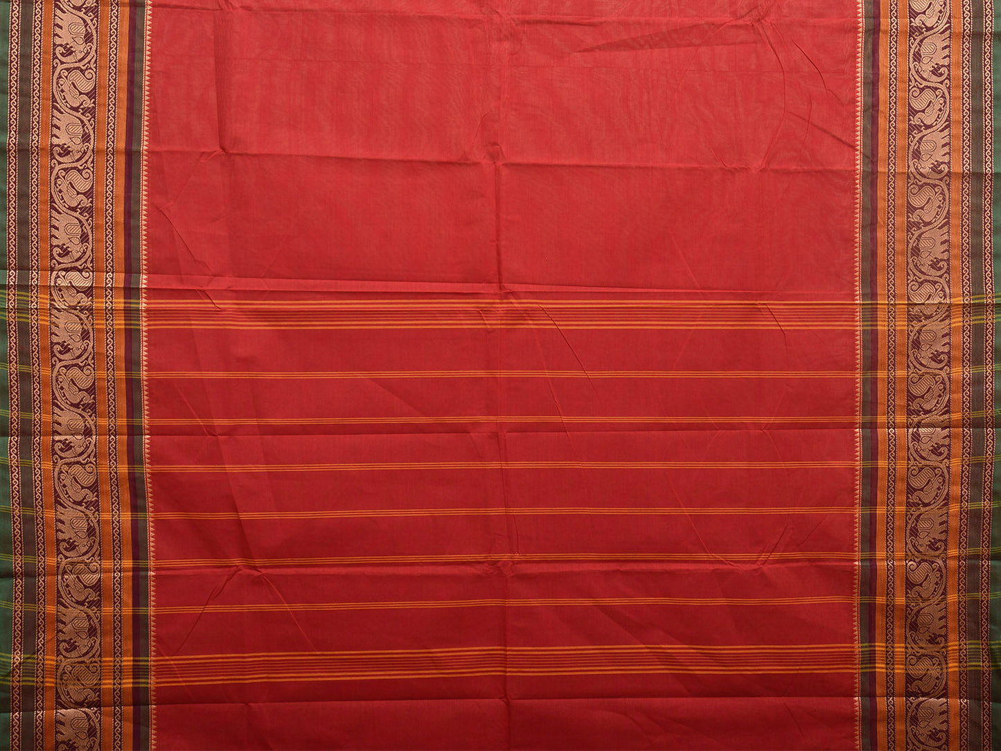 Red Kanchipuram 80s Cotton Plain Saree with Peacock-Elephant Border Design No Blouse k0658