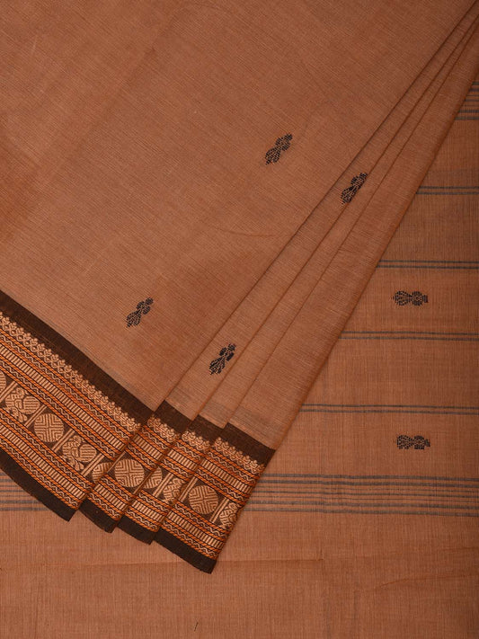 Cream Kanchipuram 80s Cotton Plain Saree with Buta and Peacock-Rudraksh Border Design No Blouse k0659
