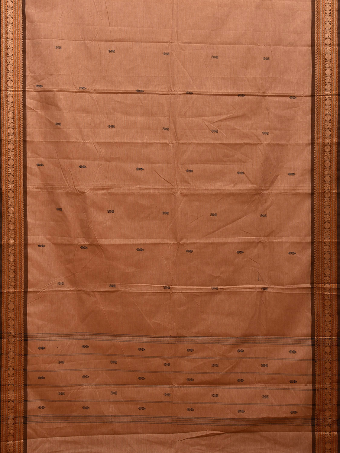 Cream Kanchipuram 80s Cotton Plain Saree with Buta and Peacock-Rudraksh Border Design No Blouse k0659