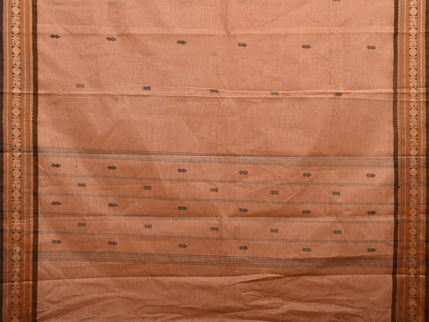 Cream Kanchipuram 80s Cotton Plain Saree with Buta and Peacock-Rudraksh Border Design No Blouse k0659