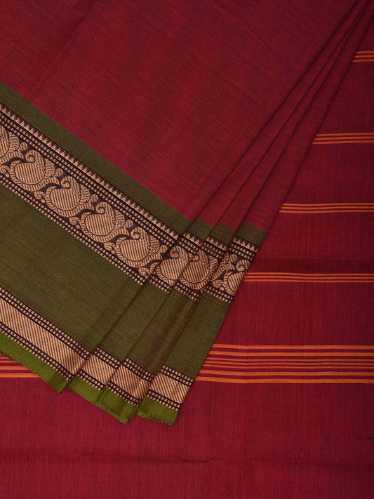 Wine and Green Kanchipuram 80s Cotton Plain Saree with Mango Border Design No Blouse k0660
