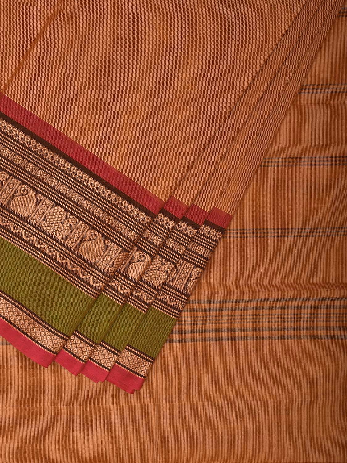 Cream Kanchipuram 80s Cotton Plain Saree with Peacock-Mango Border Design No Blouse k0663