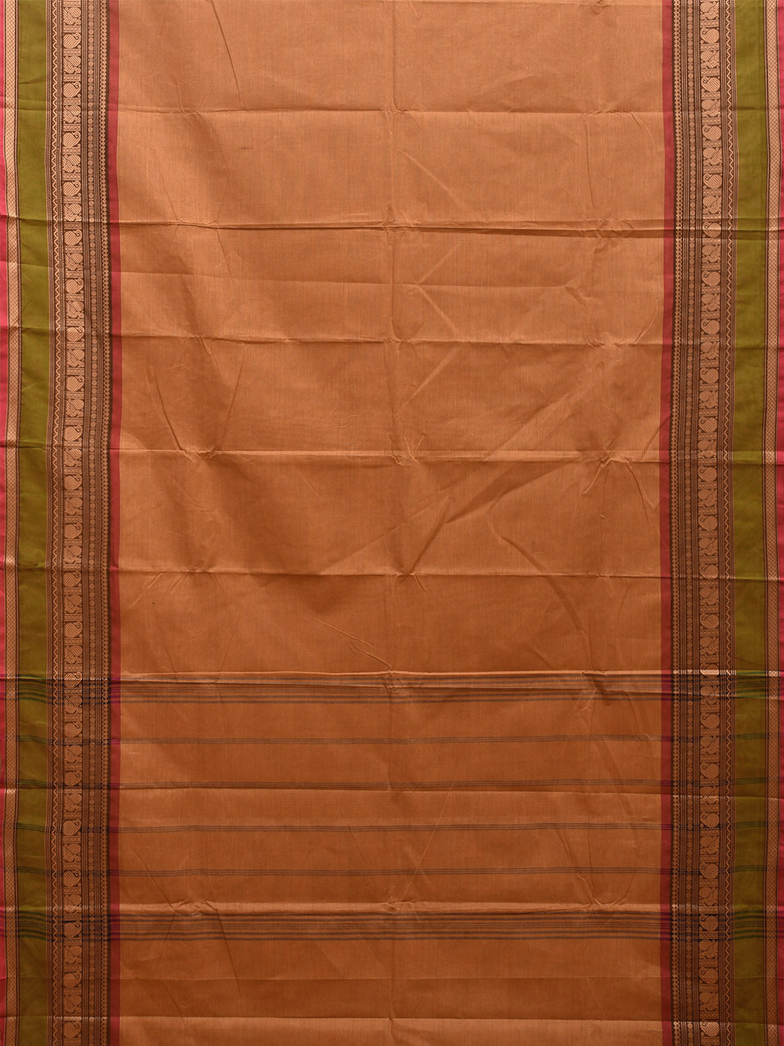 Cream Kanchipuram 80s Cotton Plain Saree with Peacock-Mango Border Design No Blouse k0663