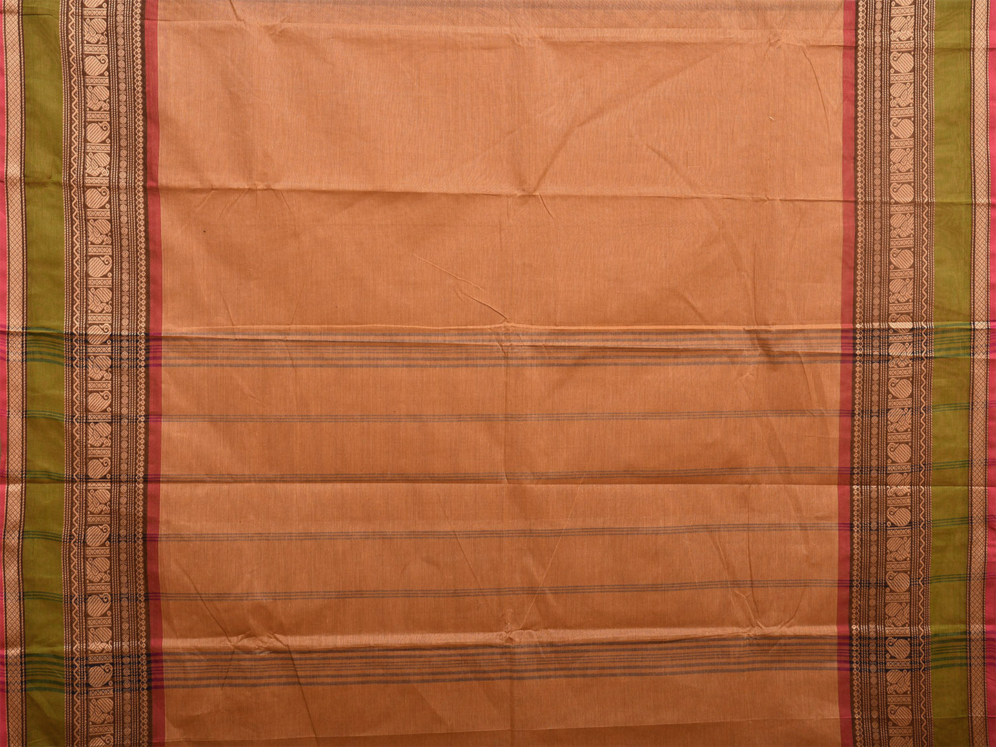 Cream Kanchipuram 80s Cotton Plain Saree with Peacock-Mango Border Design No Blouse k0663