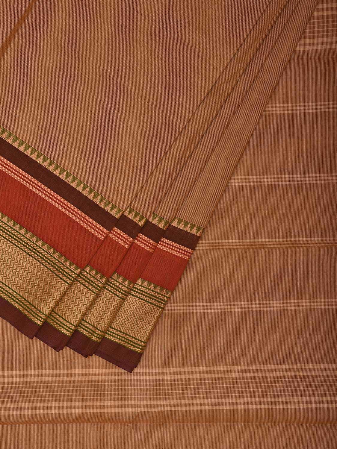 Cream Kanchipuram 80s Cotton Plain Saree with Strips Pallu Design No Blouse k0665