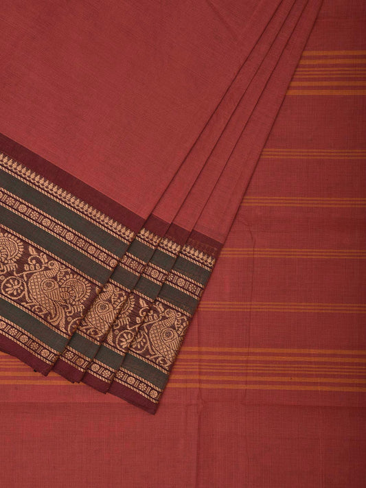 Burgundy Kanchipuram 80s Cotton Plain Saree with Peacock Border Design No Blouse k0666