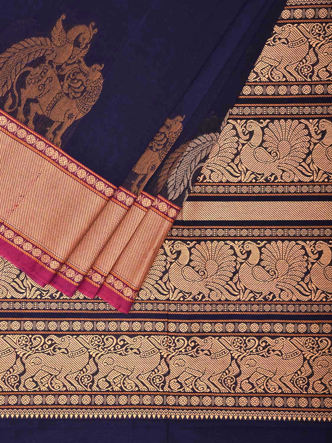 Navy Kanchipuram Cotton Saree with One Side Peacock Border and Pallu Design No Blouse k0667