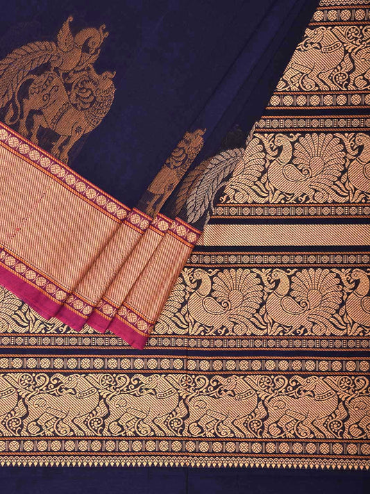 Navy Kanchipuram Cotton Saree with One Side Peacock Border and Pallu Design No Blouse k0667