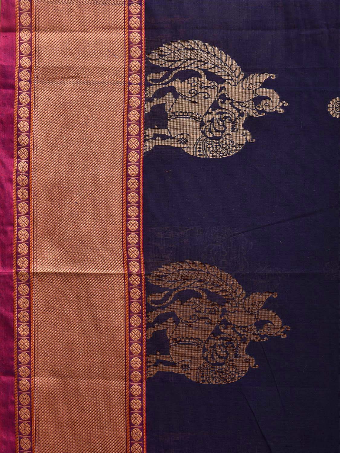 Navy Kanchipuram Cotton Saree with One Side Peacock Border and Pallu Design No Blouse k0667