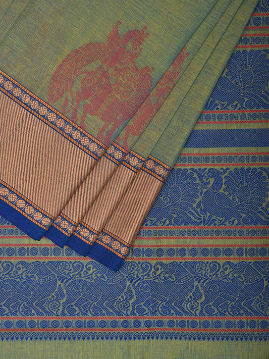 Turquoise Kanchipuram Cotton Saree with One Side Peacock Border and Pallu Design No Blouse k0668